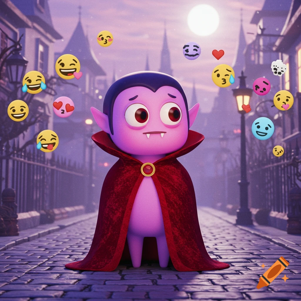 A cute cartoon vampire stands in a spooky street at night, surrounded by floating emojis. Animation style.