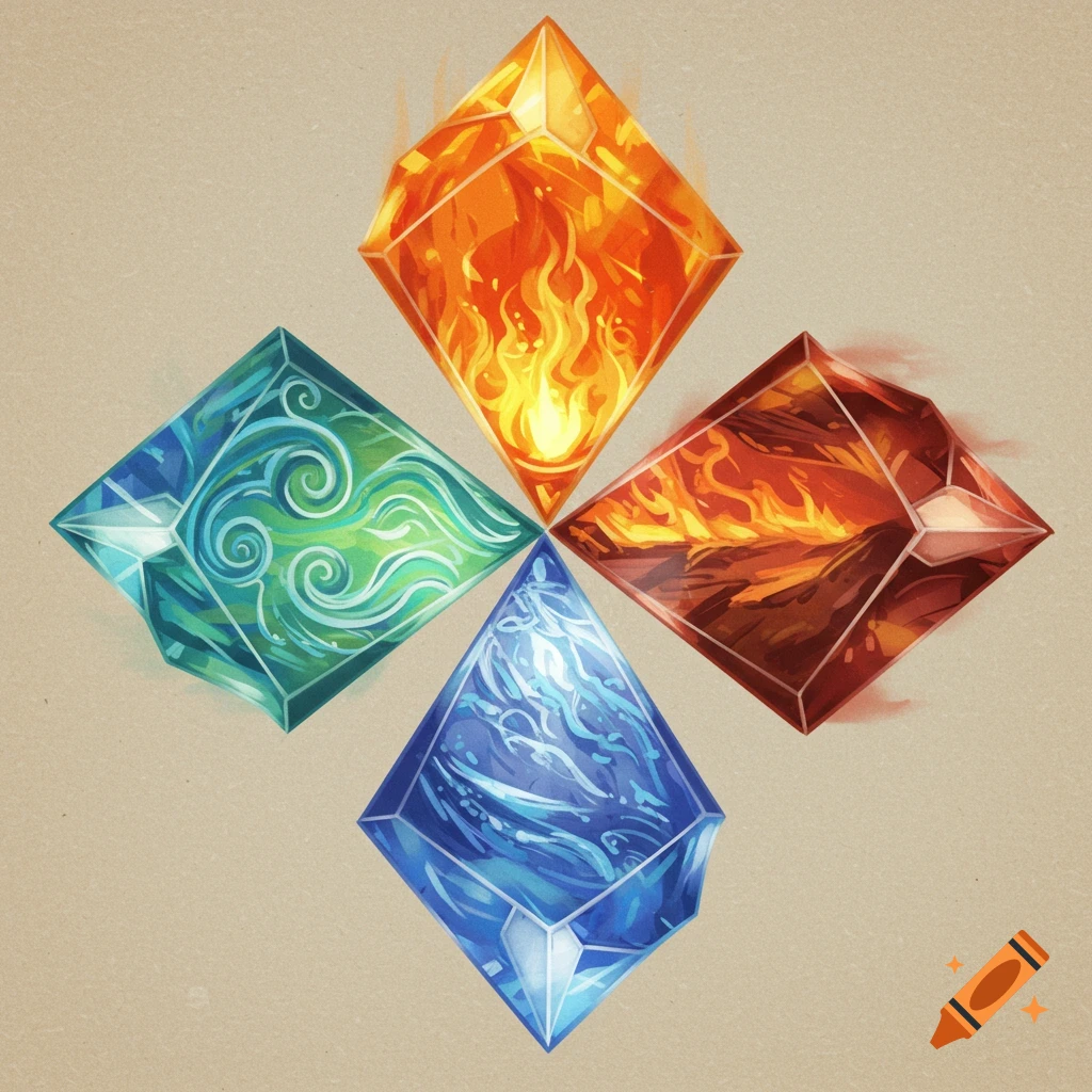 Four stylized elemental crystals represent fire, water, earth, and wind.