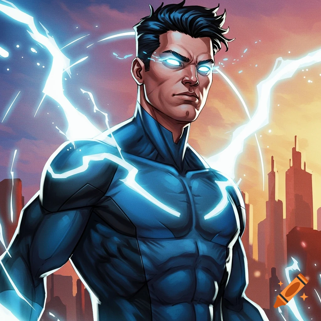 A superhero in a blue suit with glowing eyes and lightning emanating from his body, standing in front of a city skyline.