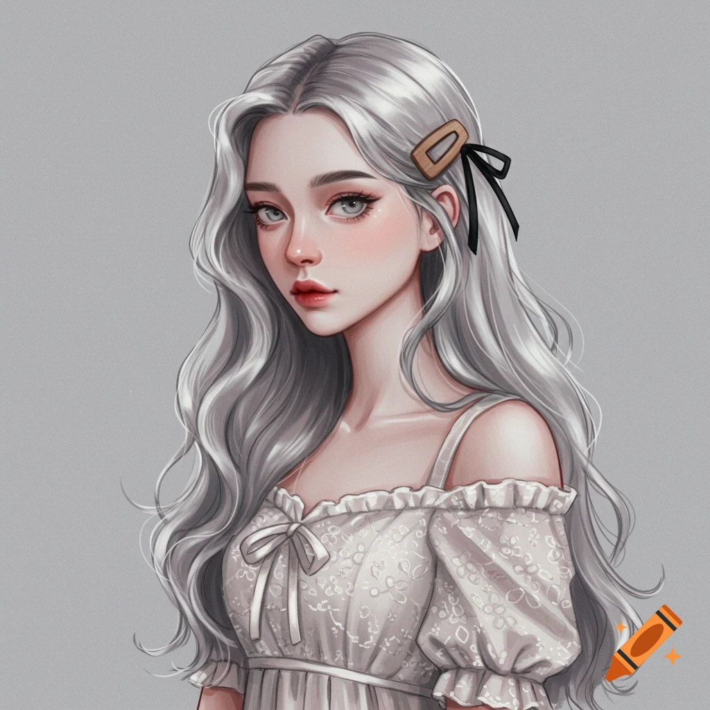 A girl with long silver hair is wearing a white lacy dress.