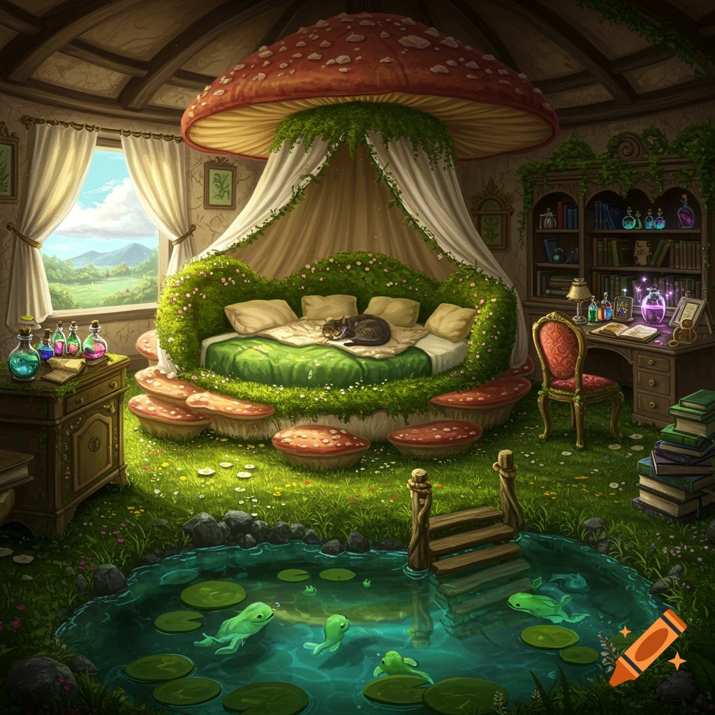 Fantasy bedroom with giant mushroom bed, sleeping cat, desk with potions, bookshelf, pond with frogs, and window view.
