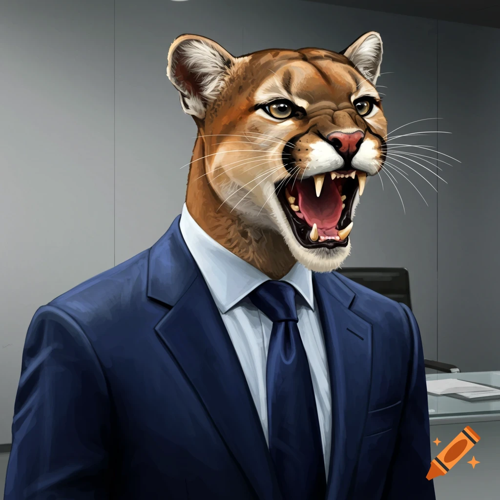 A roaring cougar wearing a blue business suit and tie is in an office.
