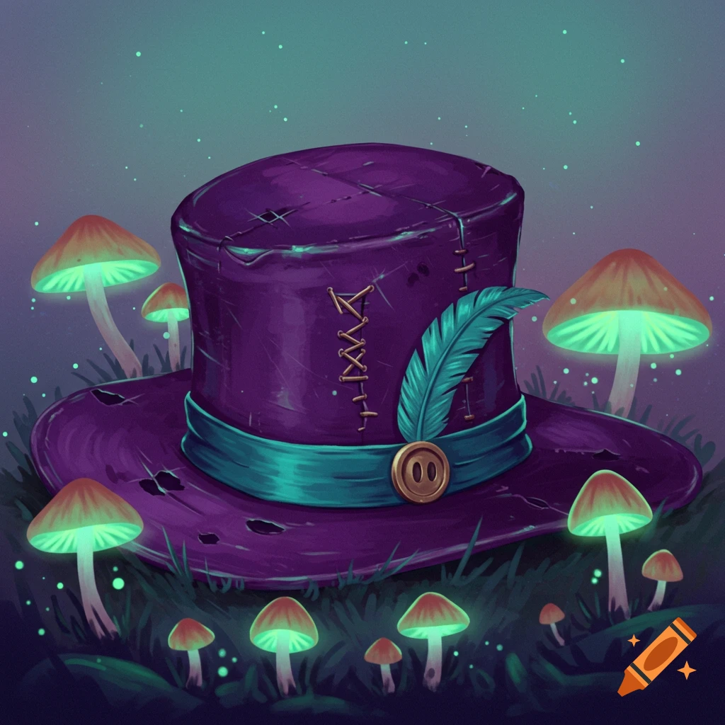 A distressed purple top hat surrounded by glowing mushrooms.