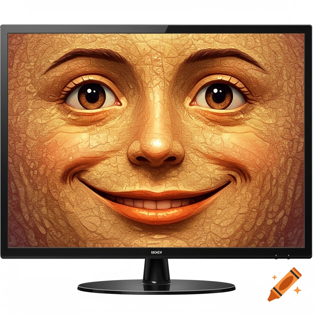 A monitor displays a smiling face with textured, cracked skin.