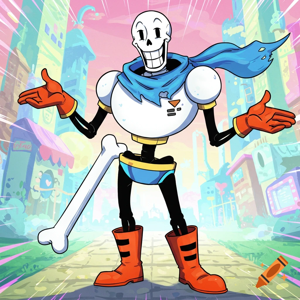 Papyrus from Undertale standing in a cartoon city.