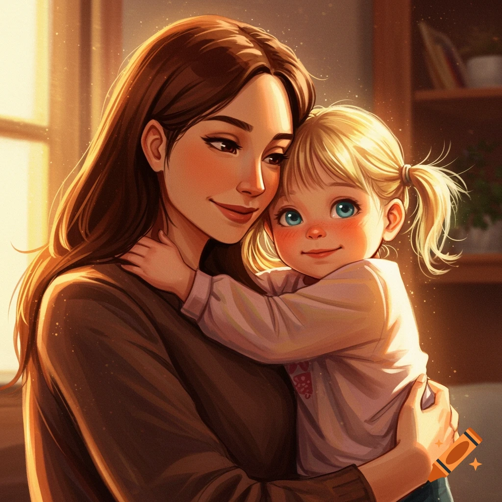 A warm scene of a mother hugging her young daughter in a sunlit room.