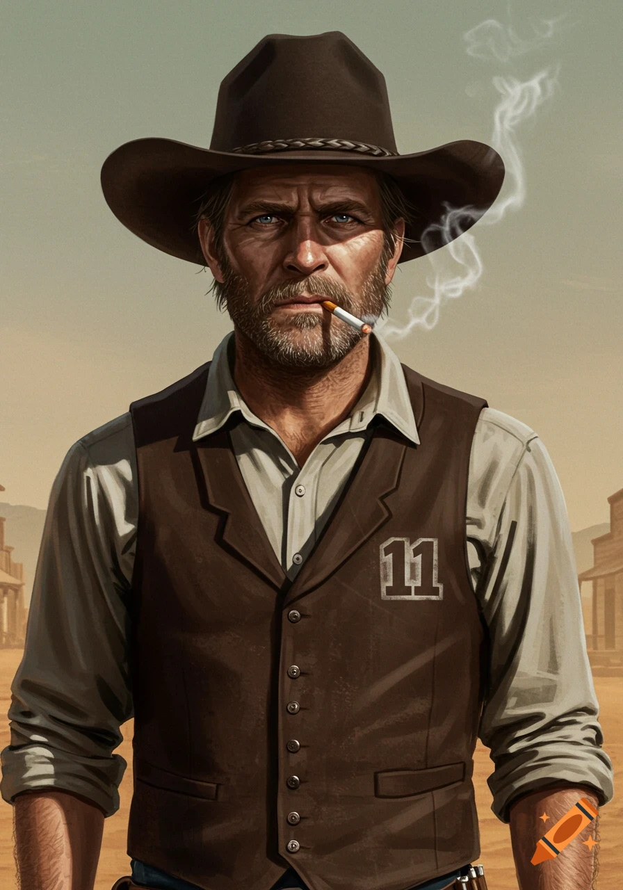 A cowboy in a vest is smoking a cigarette in a dusty Western town.