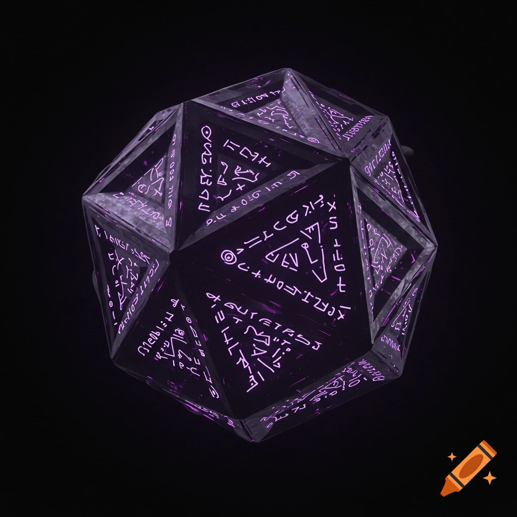 A dark geometric object with glowing purple alien inscriptions floating on a black background.