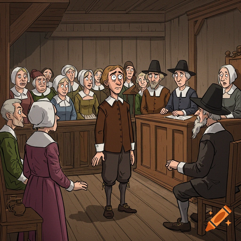 Cartoon image of a young man standing nervously in a 1600s courtroom surrounded by people.