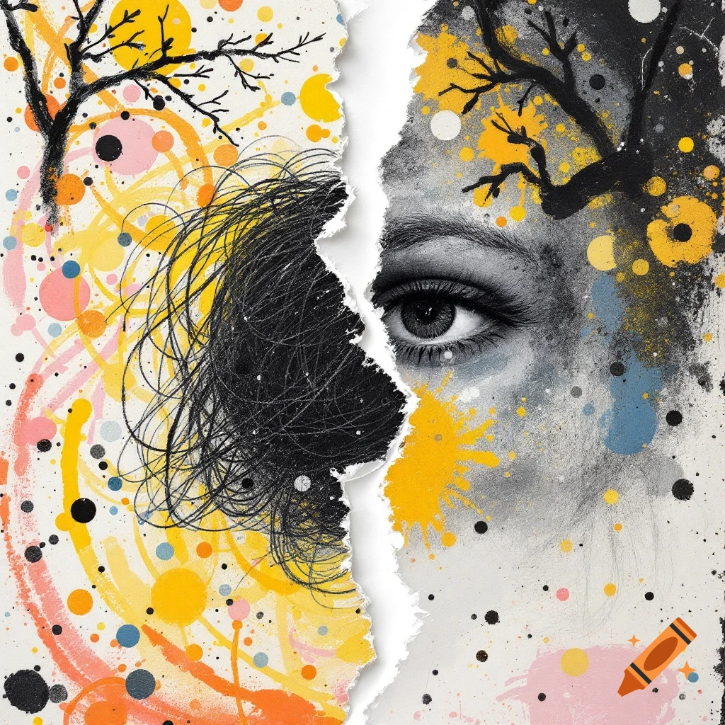 Vertical paper rip separating a colourful, Seurat-style side from a B&W sketch side with an eye, tree branch, and paint splatters.
