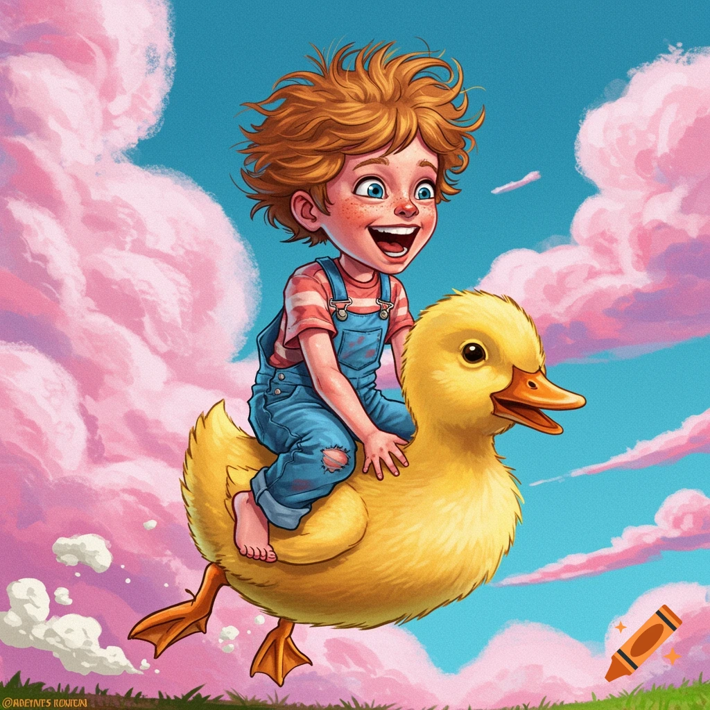 Illustration of a happy boy riding a giant yellow duck through a pink cloud sky.
