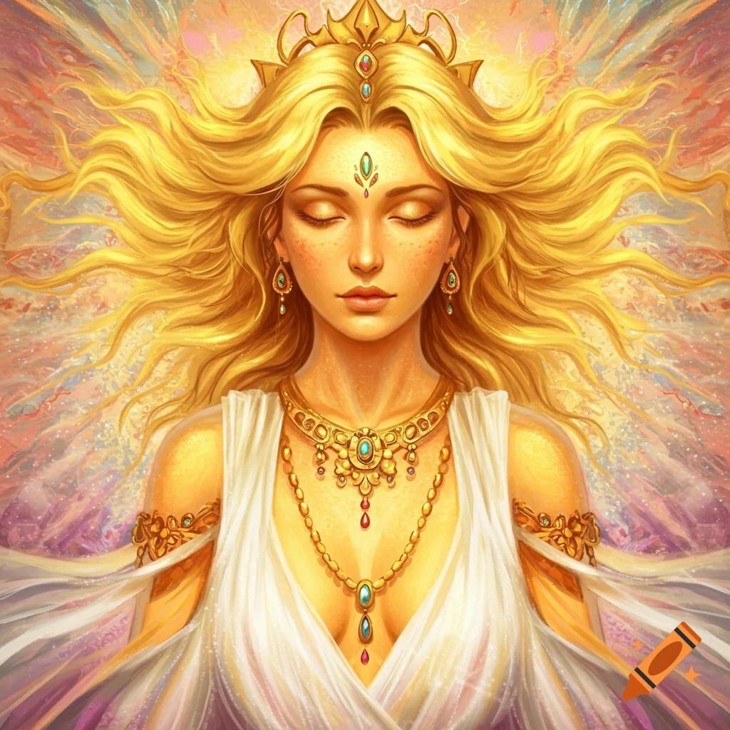 A serene woman with golden hair, wearing a crown and jewelry, is depicted against a bright background.