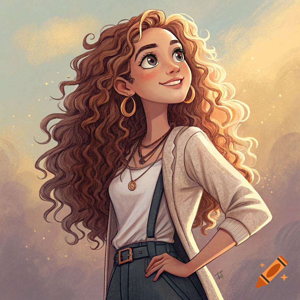 Illustrated portrait of a young woman with curly hair smiling and looking up