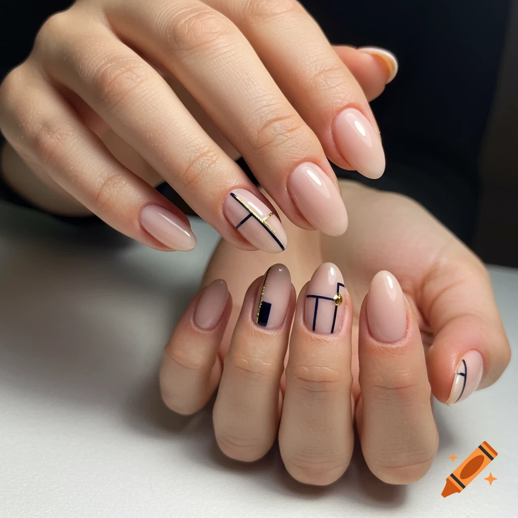 Close up of hands with almond-shaped nude nails featuring minimalist geometric black, blue, and gold lines.