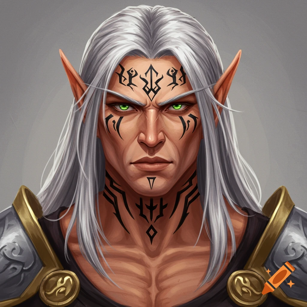portrait of a male fantasy warrior with silver hair, pointed ears, green eyes, and black tattoos.
