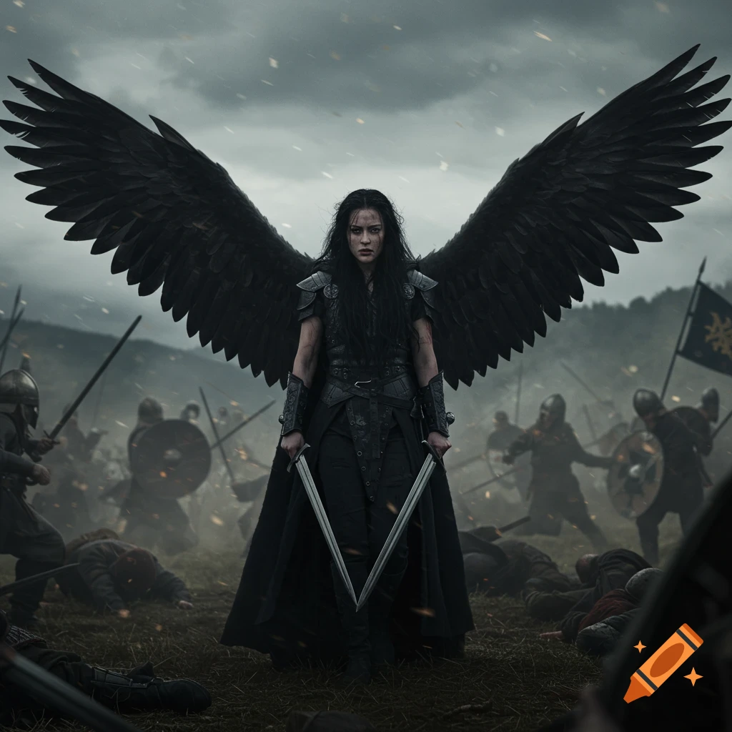 A black-winged warrior stands in the center of a chaotic battle scene, holding two swords.