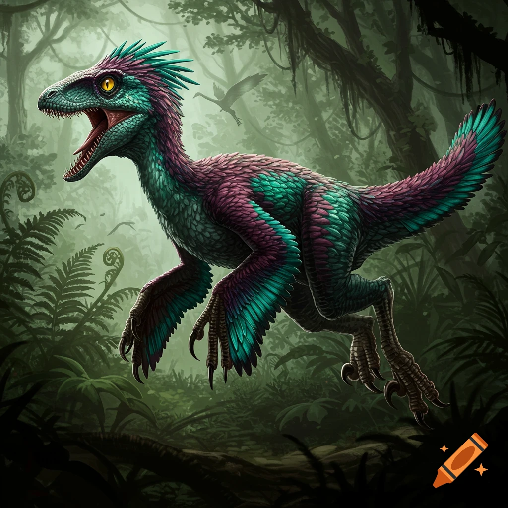 A feathered velociraptor leaps through a lush green jungle.