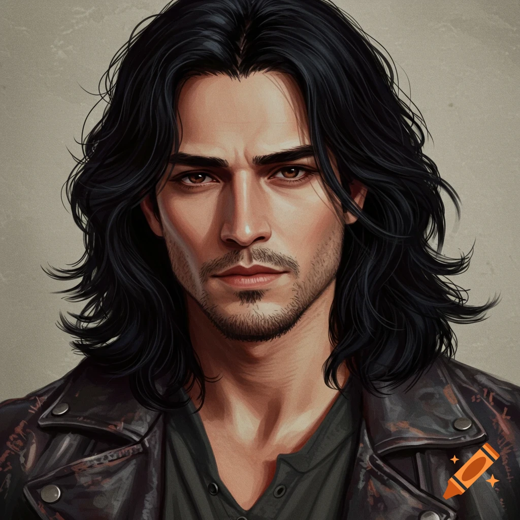 Close-up portrait of a man with long black hair and a leather jacket.
