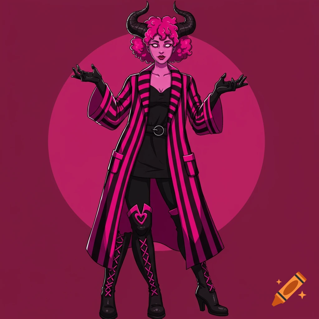Illustration of a woman with pink skin, curly hair, and black horns wearing a striped pink and black coat, black gloves, and laced boots.