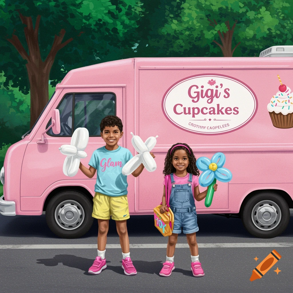 Two children hold balloons in front of a pink Gigi's Cupcakes truck.