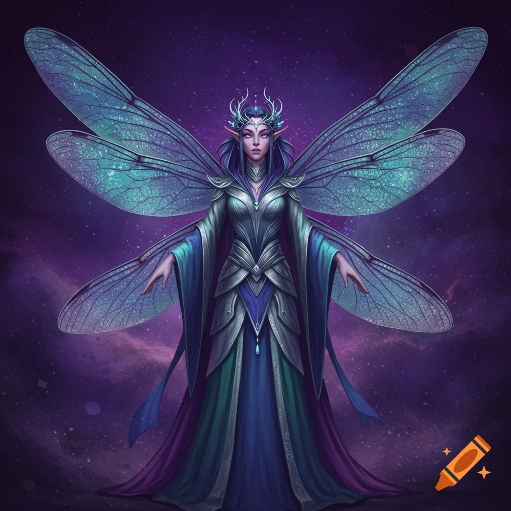 Fantasy female with large dragonfly wings, silver and indigo robes, and a crown against a purple cosmic background.