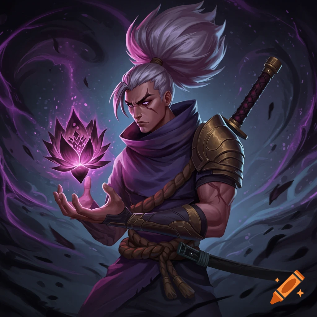 A fantasy character holds a glowing purple lotus.