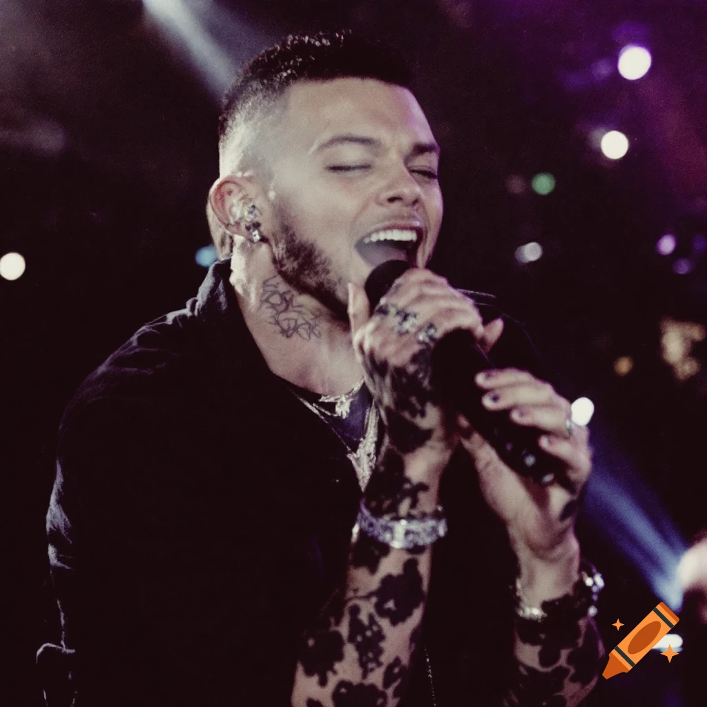 A singer with tattoos on their neck and arms sings into a microphone on stage.