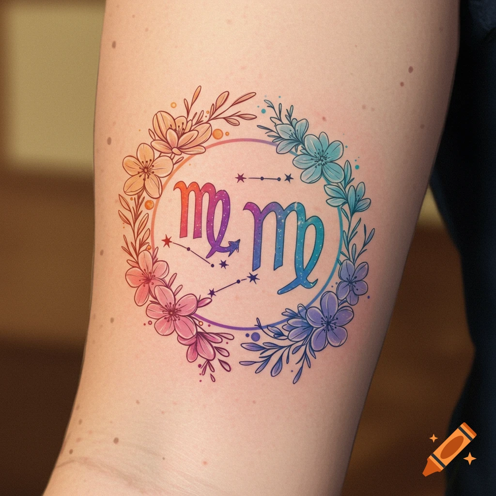 A colorful tattoo of the Virgo zodiac symbol inside a circular floral wreath on a person's arm.