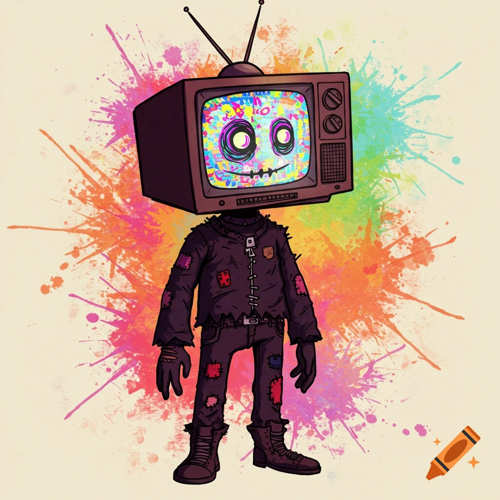 A character with a TV for a head wears patched clothes against a colorful splatter background.