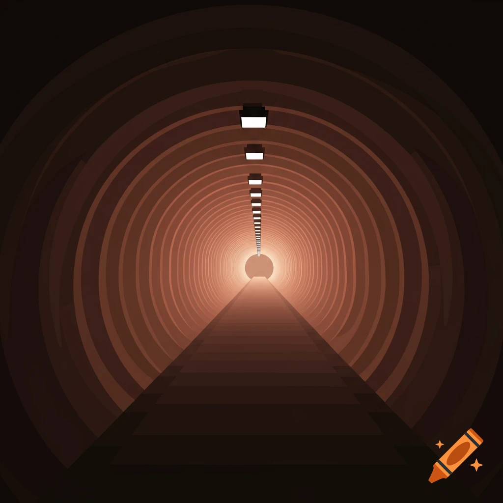A stylized layered abstract view down a tunnel with lights towards a distant light source.