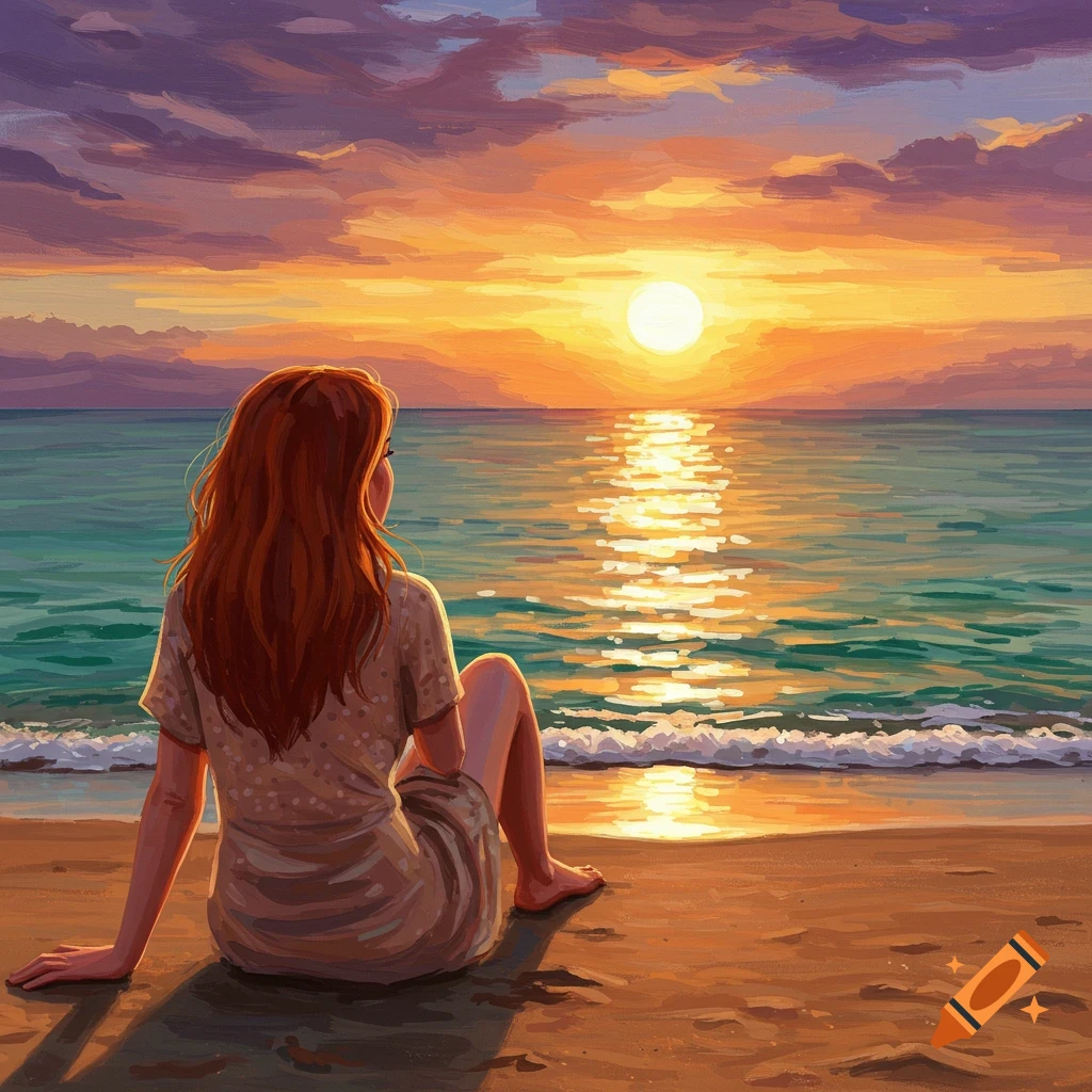 A person sitting on a beach watching a sunset over the ocean.