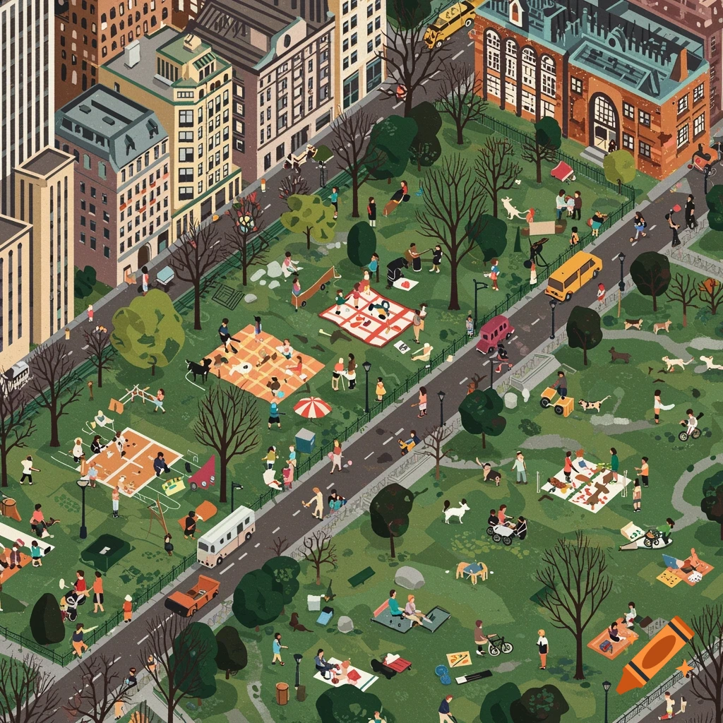 A detailed, stylized illustration of a busy city park with people picnicking, walking dogs, and playing.