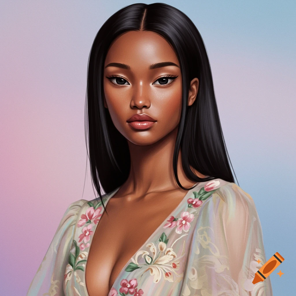 Digital portrait of a woman with long black hair wearing a floral dress.