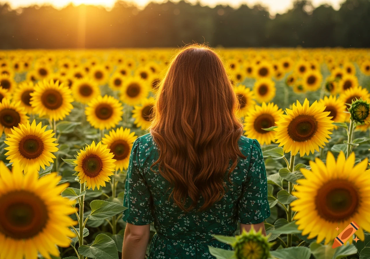 A woman with long red hair stands in a field of sunflowers during sunset.