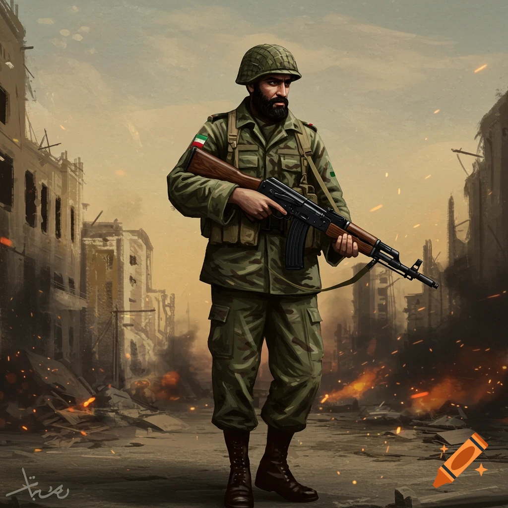 A soldier holding a rifle in a war-torn city.