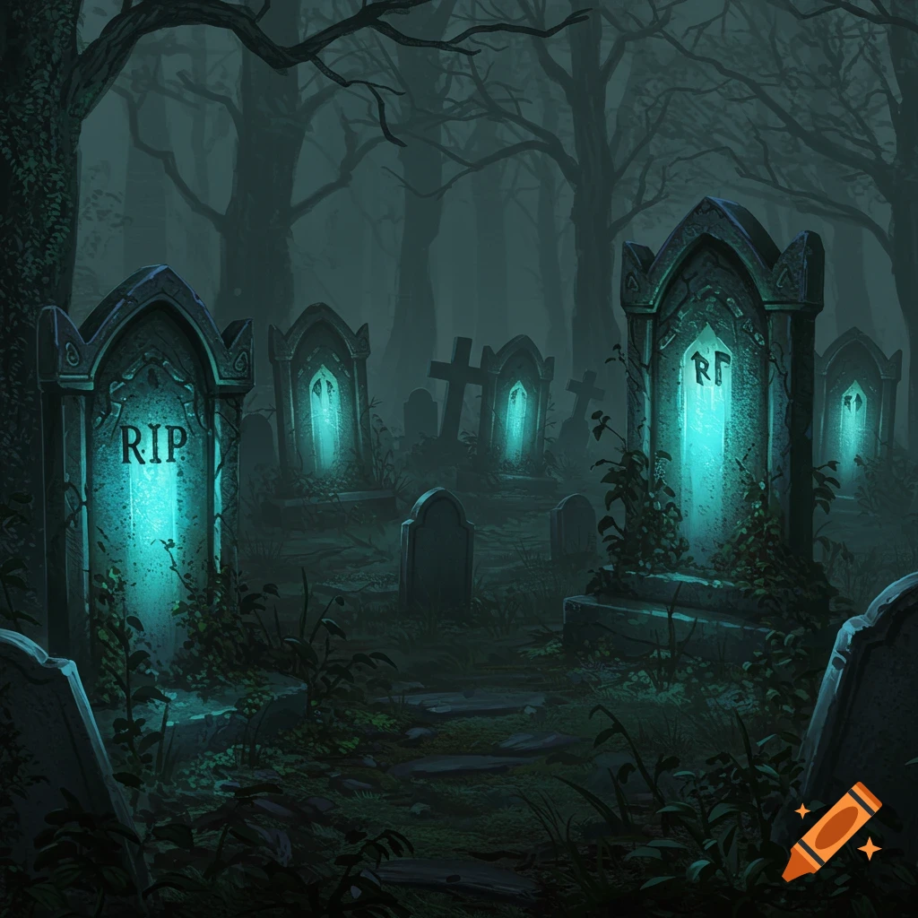 Glowing gravestones in a foggy forest graveyard