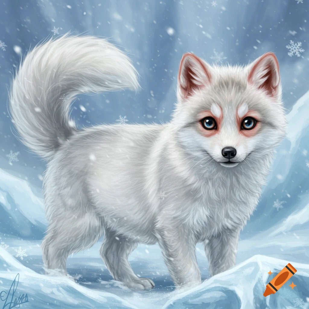 A fluffy white fox-like puppy stands in the snow with snowflakes falling.