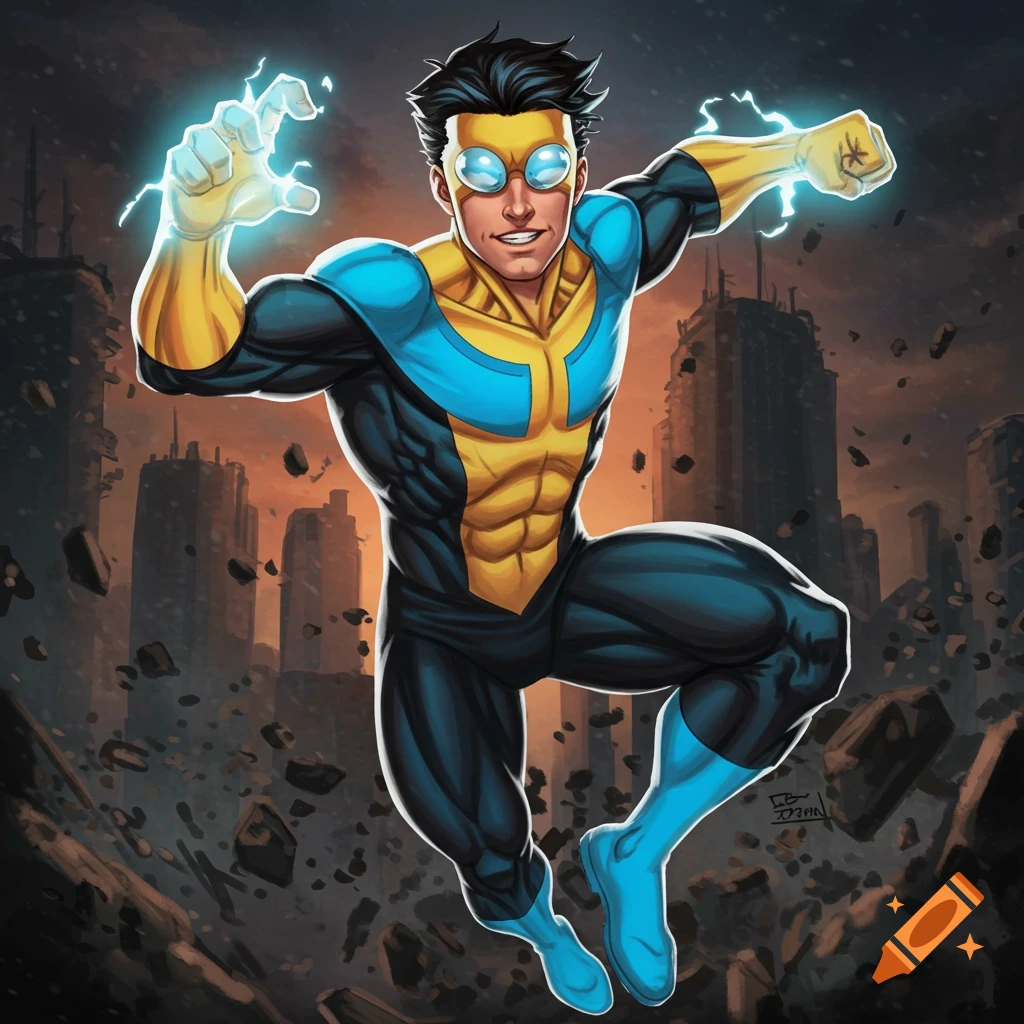 The superhero Invincible is shown flying forward over a destroyed cityscape.