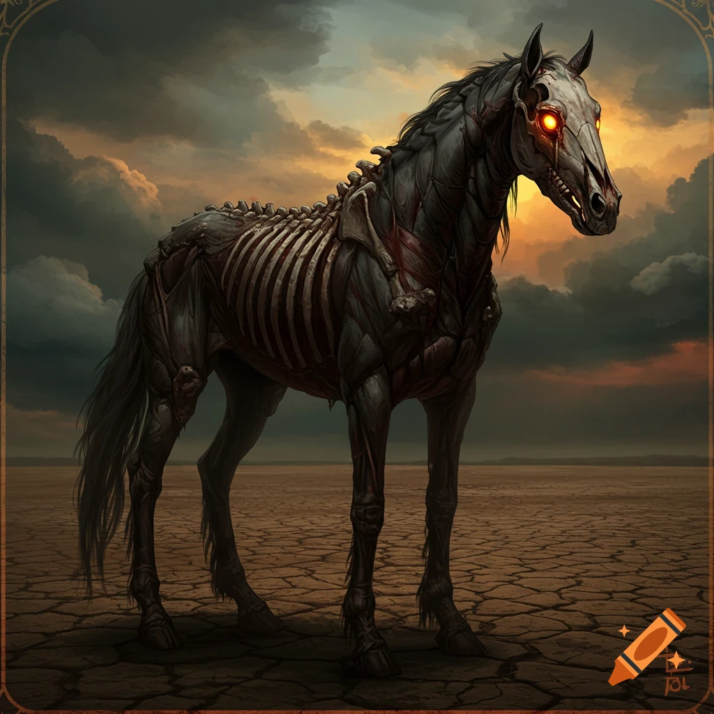 A skeletal horse stands in a cracked desert under a stormy sky.