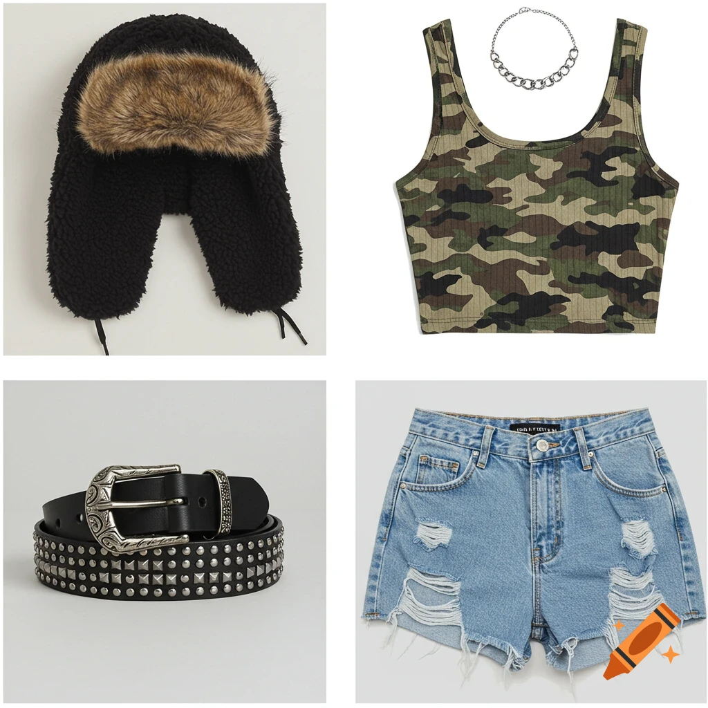 A grid displays a fur-trimmed hat, a camouflage crop top, a studded belt, and distressed denim shorts with a necklace.