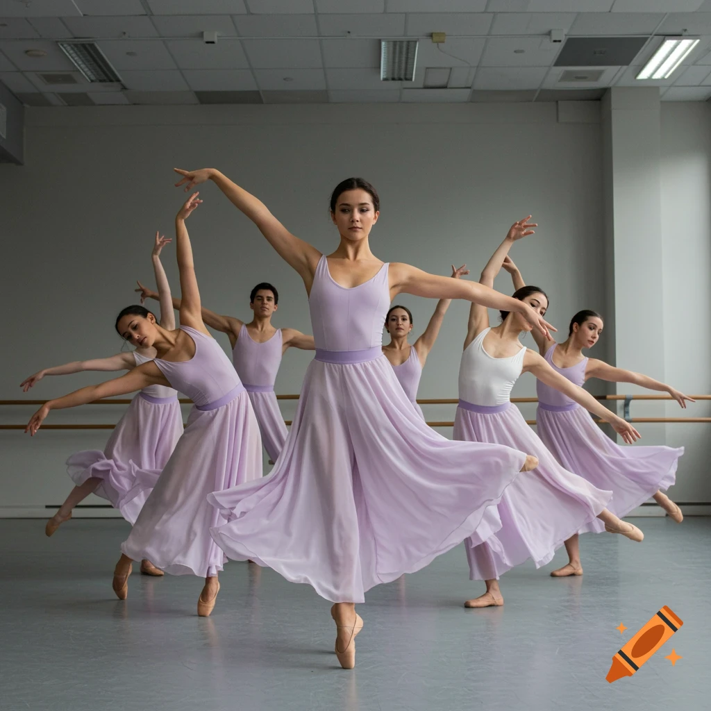 Group of dancers in lavender outfits in a studio, performing a graceful pose.