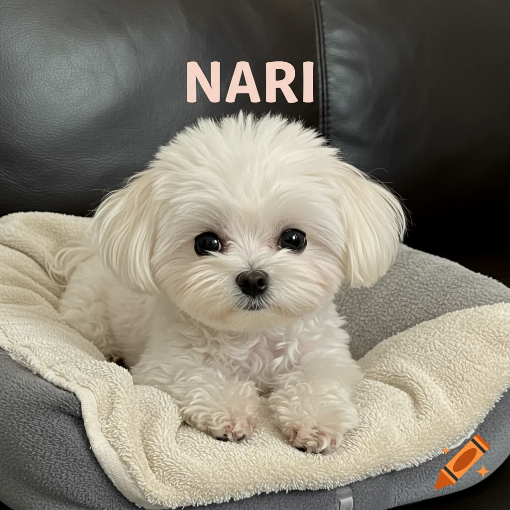 Fluffy white puppy in a dog bed with the name NARI above its head, photorealistic style.