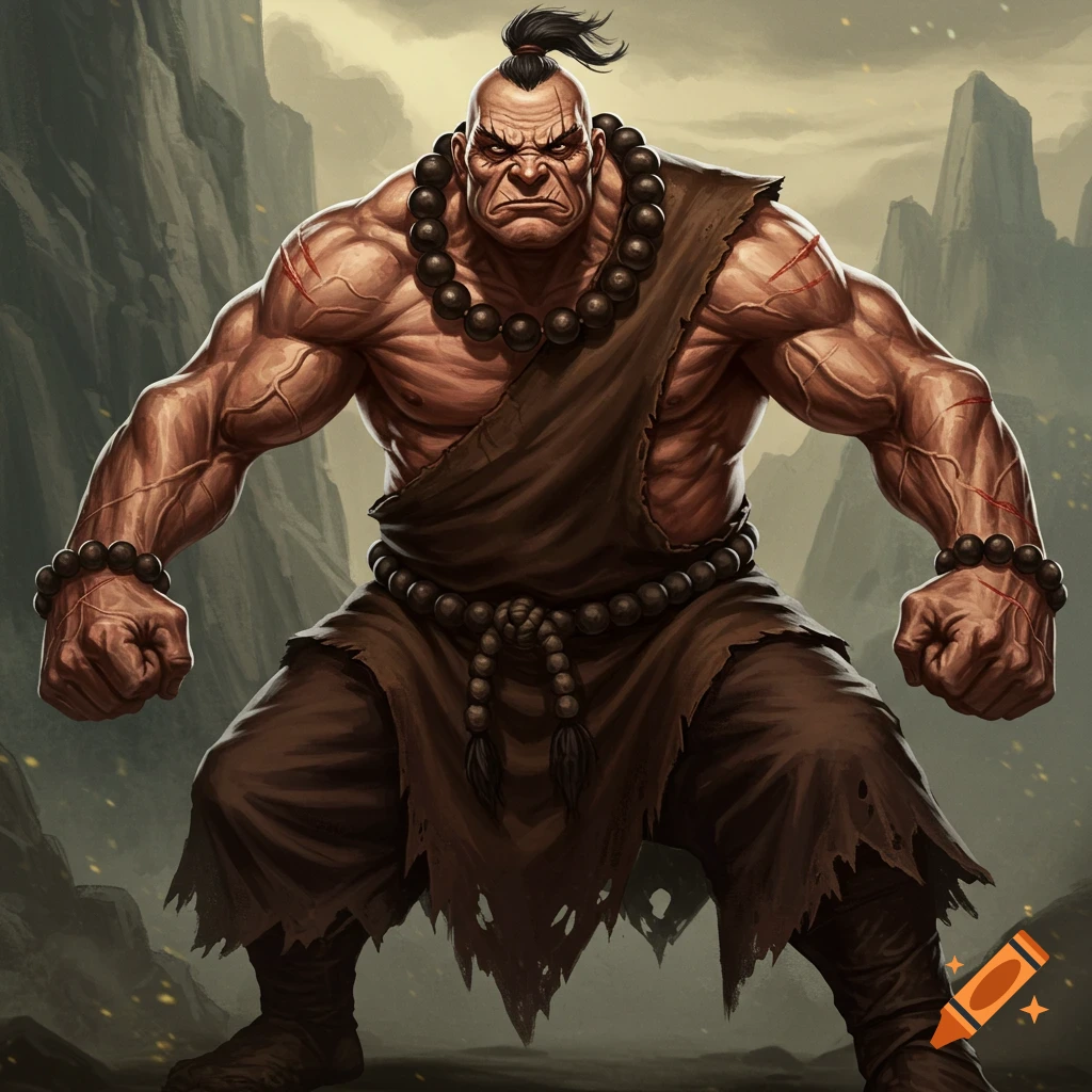 Painting of a muscular, angry monk in a fighting stance in a mountainous landscape.