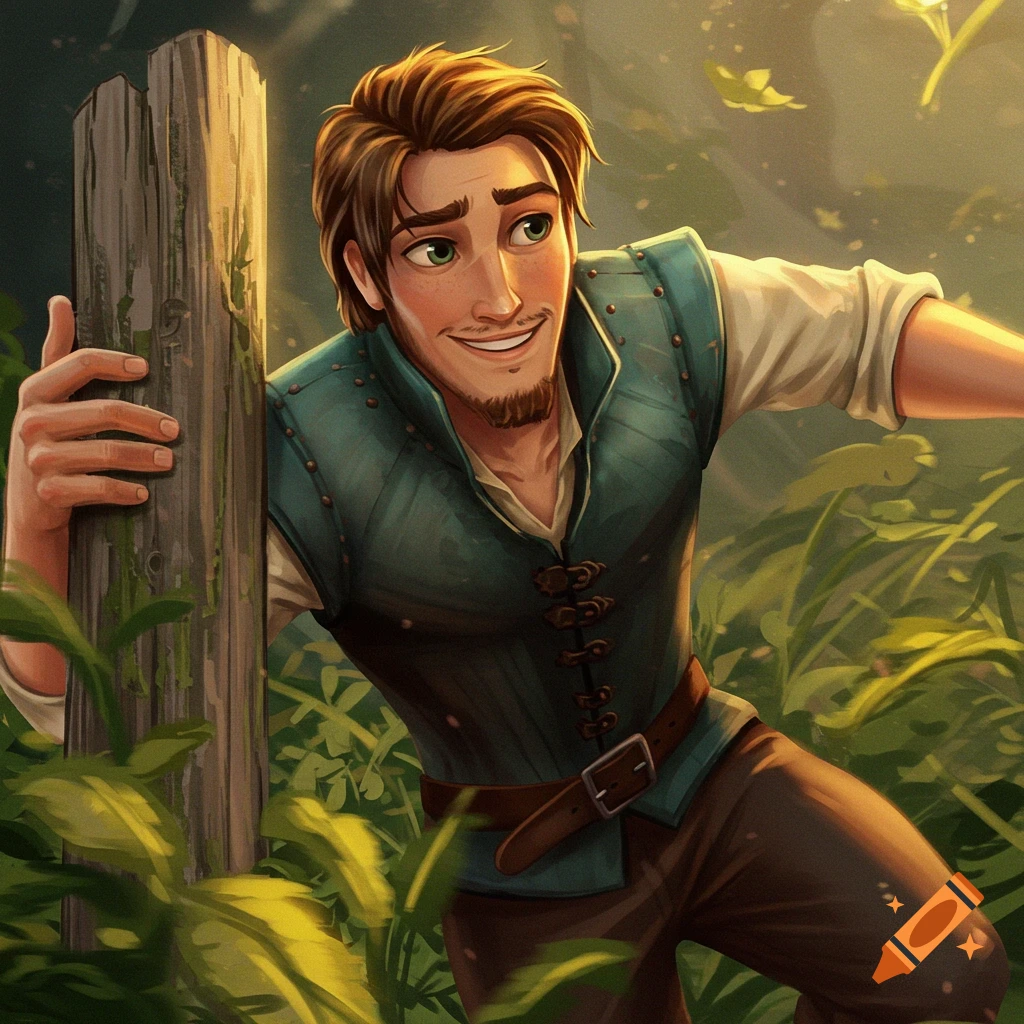 Smiling man with a short beard (Flynn Rider) in a forest.