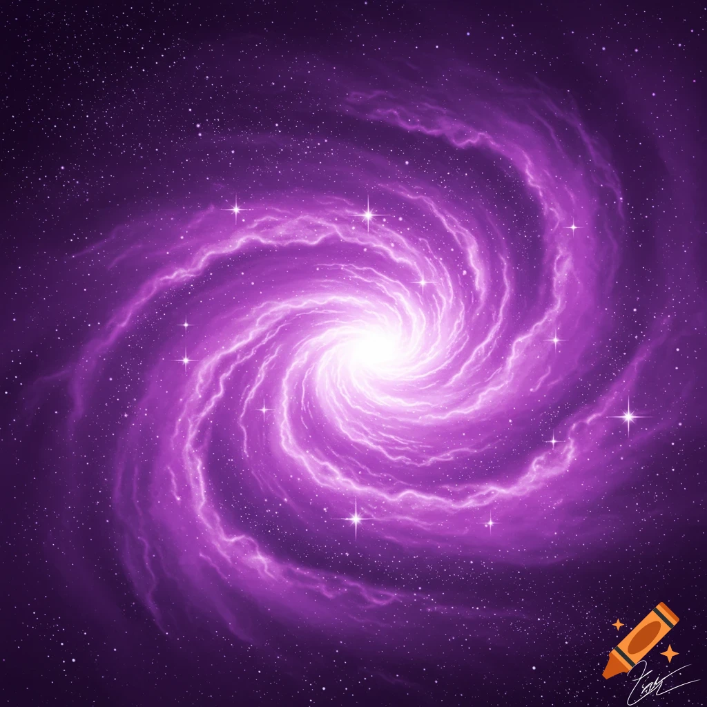 A vibrant purple spiral galaxy with bright stars in space.