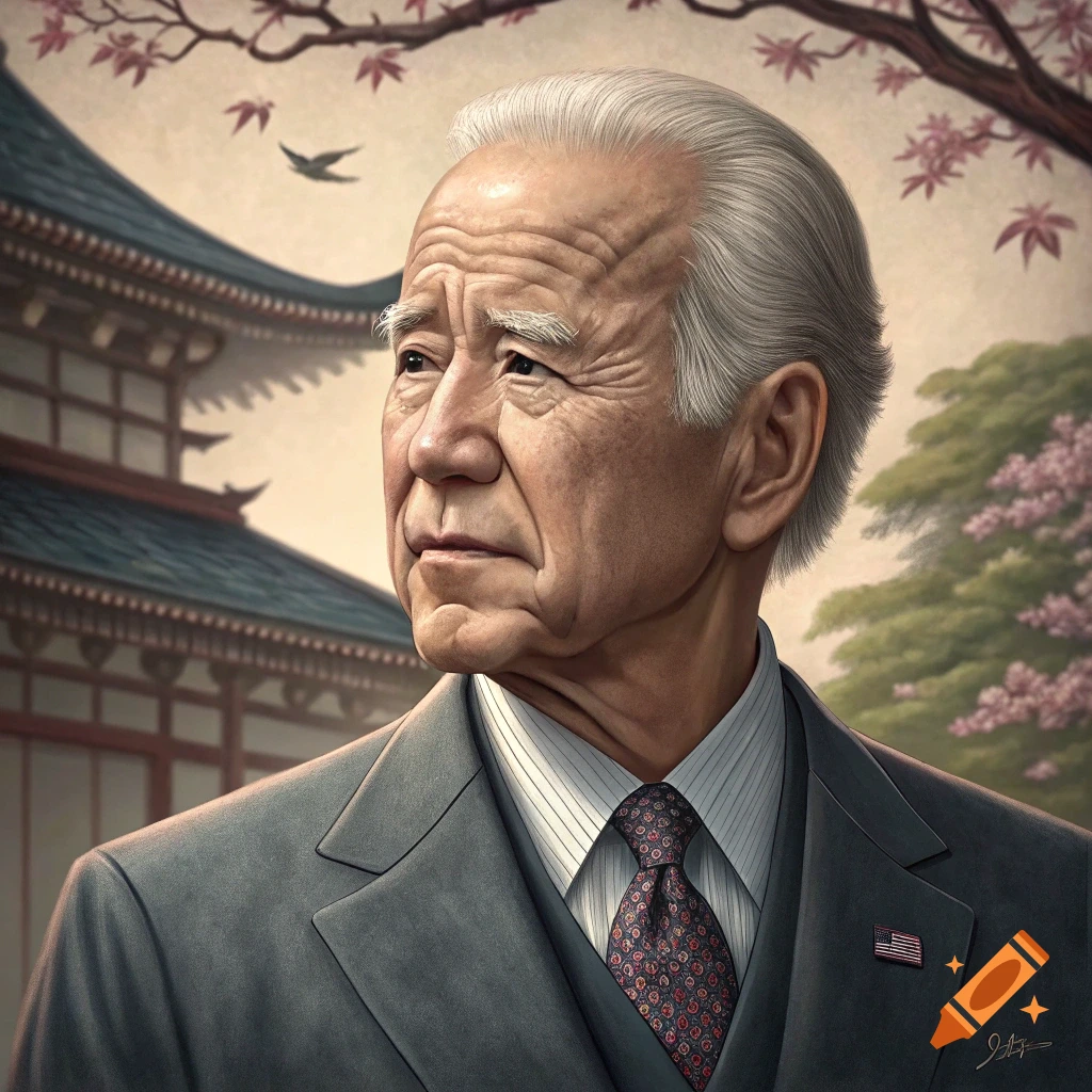 Japanese style painting of Joe Biden in a suit with a temple and cherry blossoms behind him.
