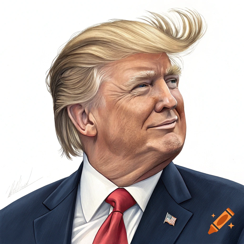 A caricature of Donald Trump in a suit and red tie