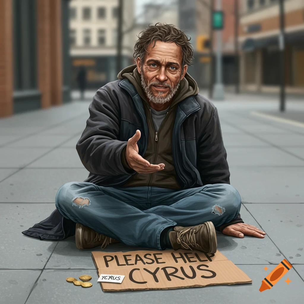 A homeless man sitting on a sidewalk, begging with a sign and coins.