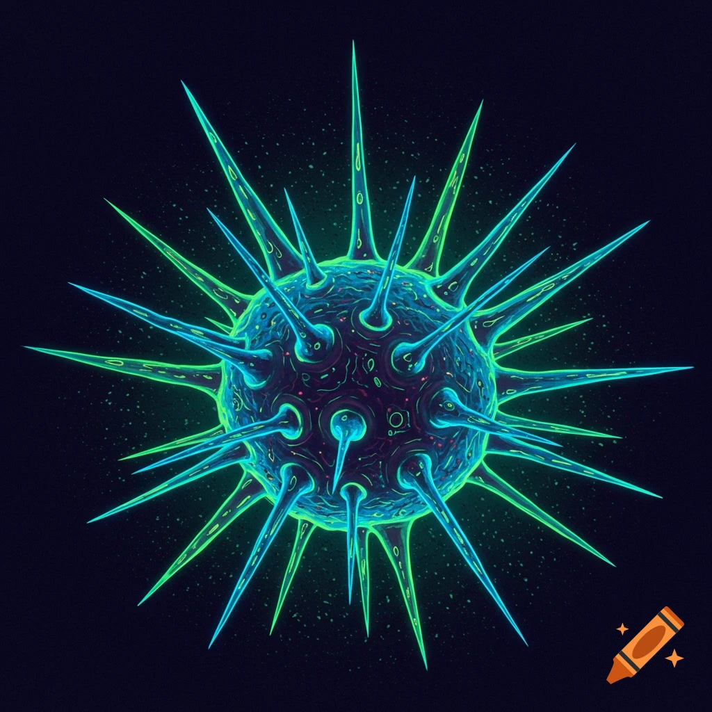 A spiky blue and green microscopic structure, like a virus or cell, on a dark background.