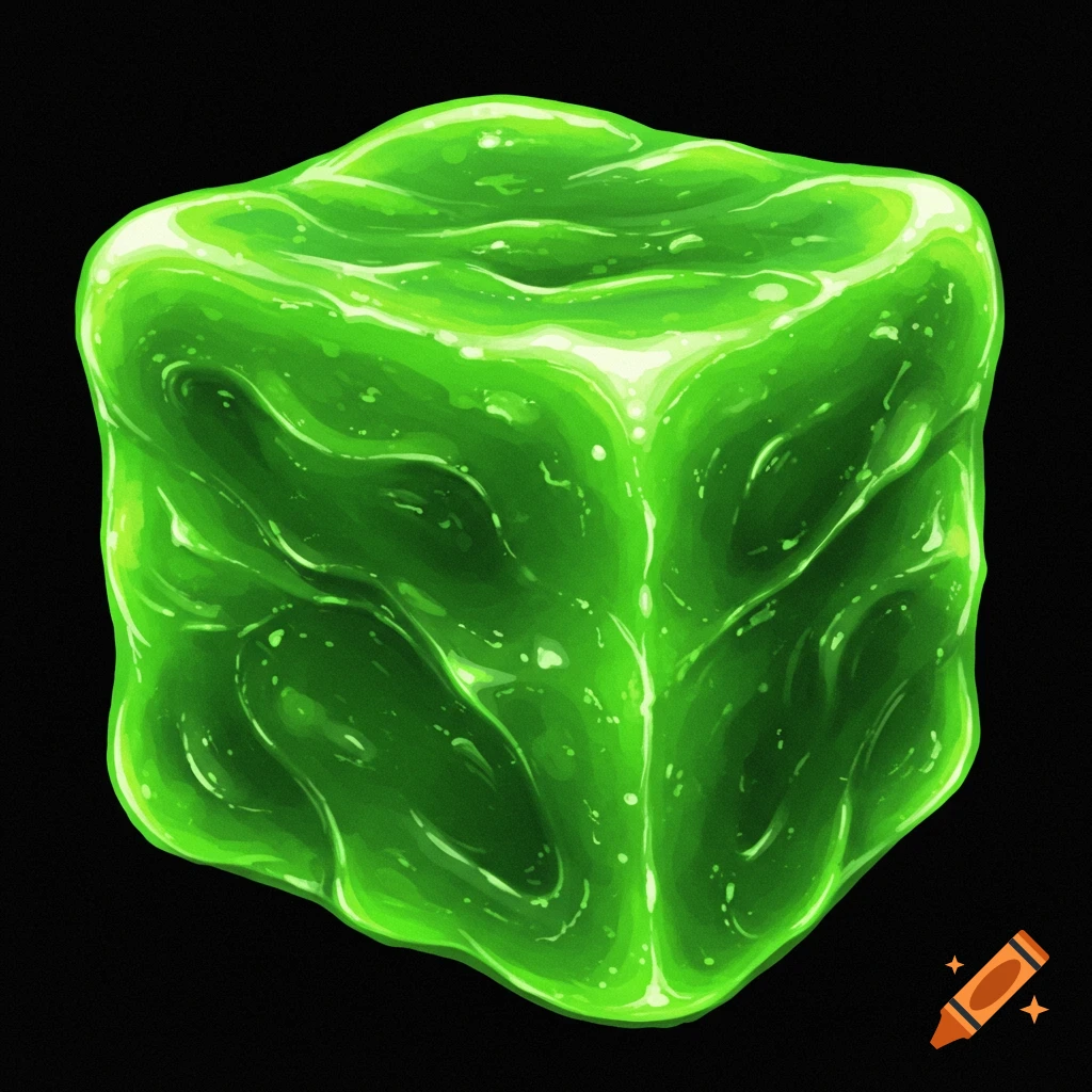 A vibrant green slime cube on a black background.